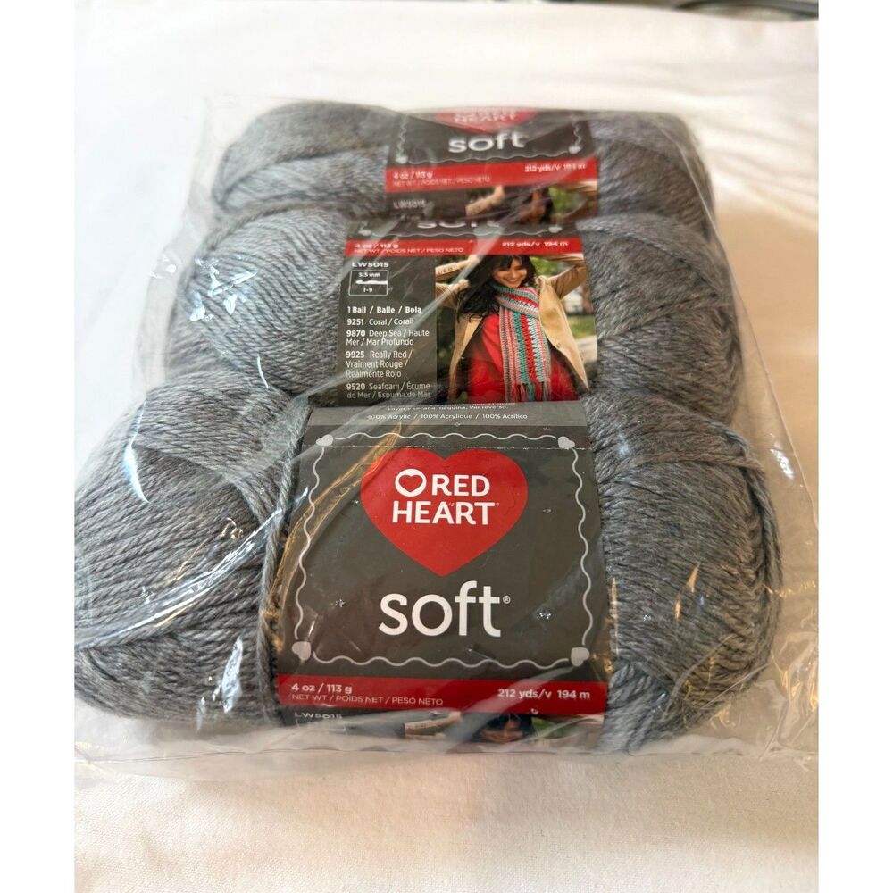 Red Heart Soft Yarn Light Gray Heather 4 oz Lot of 3 Skeins SEALED New in Pack